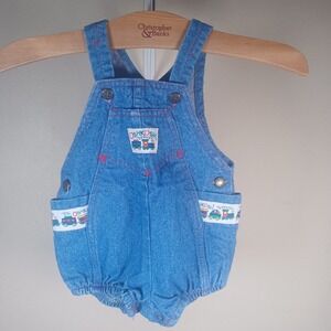 Osh Kosh Vintage Baby Denim Bubble Romper Shortalls Trains 18m Made In USA